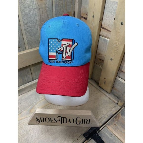 Mtv MUSIC TELEVISION BLUE RED ADJUSTABLE BASEBALL CAP American Flag Patriotic - Picture 1 of 7